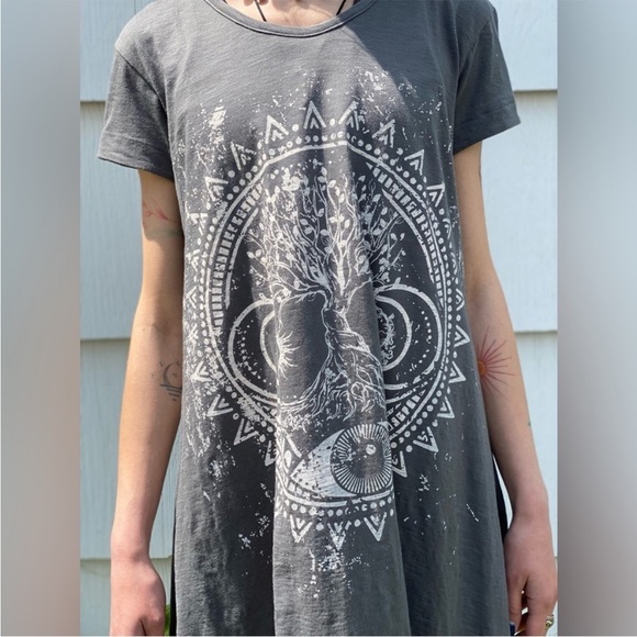 Kyla Seo Rena Dress Tree of Life Celestial Sun Moon Eye Mandala Grey Boho Sz XS - Picture 2 of 14
